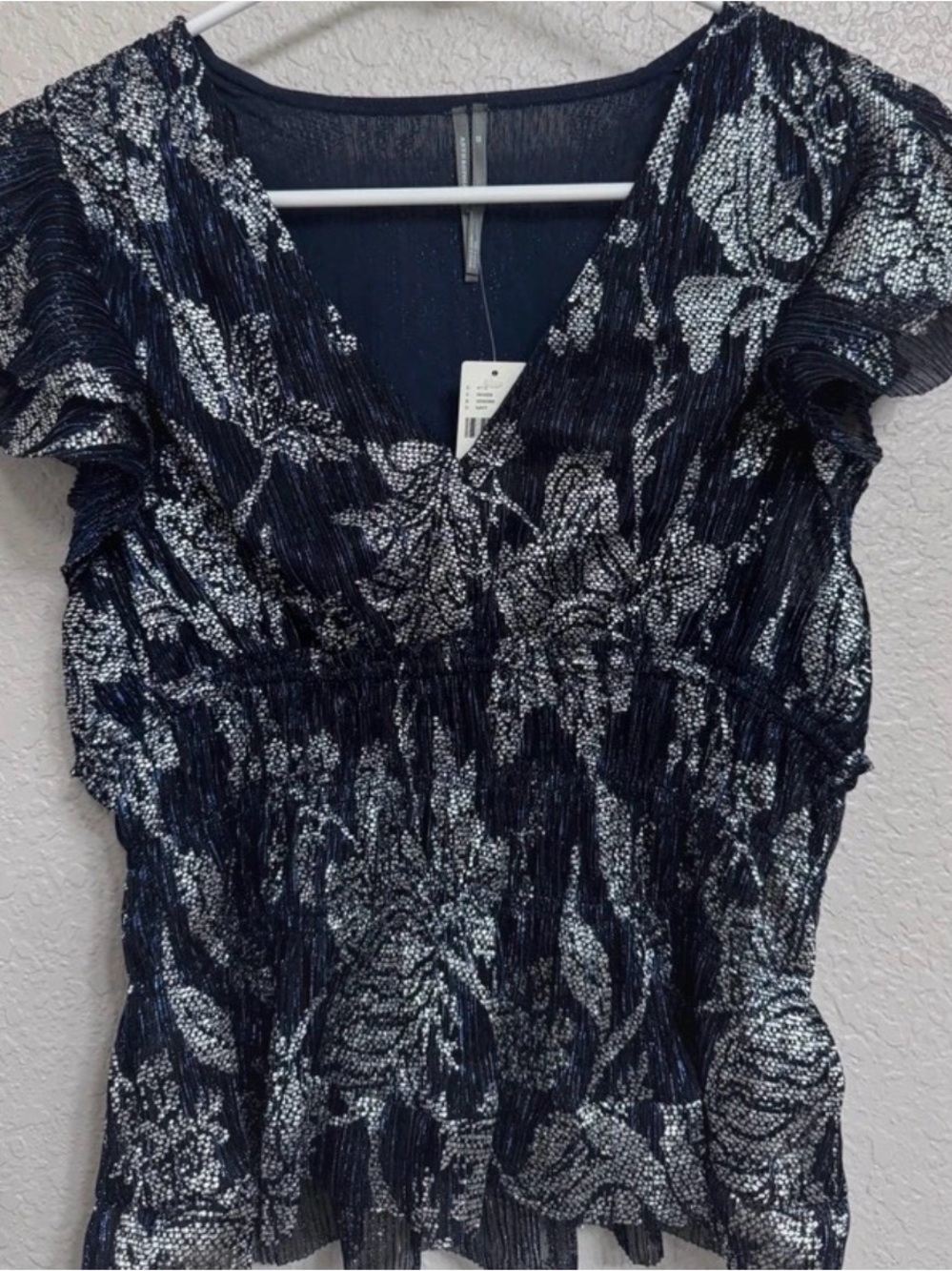 Anthropologie Navy and Silver Floral V-Neck Blouse